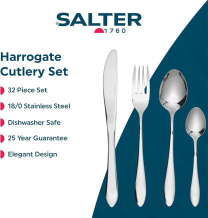 Top-down view of the silver Salter Harrogate 32-piece stainless steel cutlery set arranged neatly on a dark wooden dining table setting.
