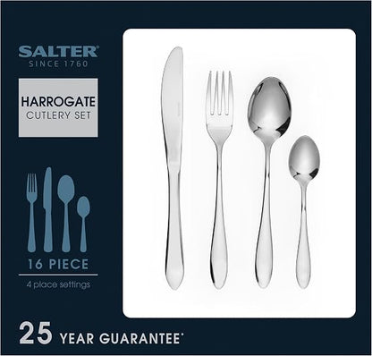 Top-down view of the 48-piece Salter Harrogate polished silver cutlery set arranged neatly on a dark wooden dining table setup for twelve guests.