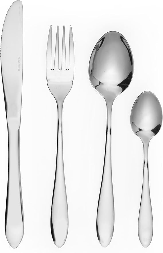 Top-down view of the 48-piece Salter Harrogate polished silver cutlery set arranged neatly on a dark wooden dining table setup for twelve guests.
