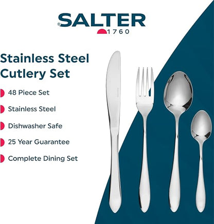 Top-down view of the 48-piece Salter Harrogate polished silver cutlery set arranged neatly on a dark wooden dining table setup for twelve guests.