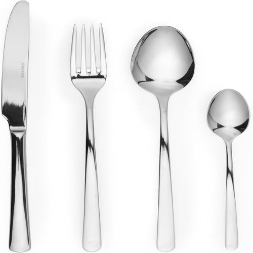 Salter Harrogate Kendal 16 piece mirror polished 18/10 stainless steel cutlery set neatly arranged on a wooden dining table.