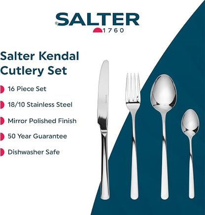 Salter Harrogate Kendal 16 piece mirror polished 18/10 stainless steel cutlery set neatly arranged on a wooden dining table.