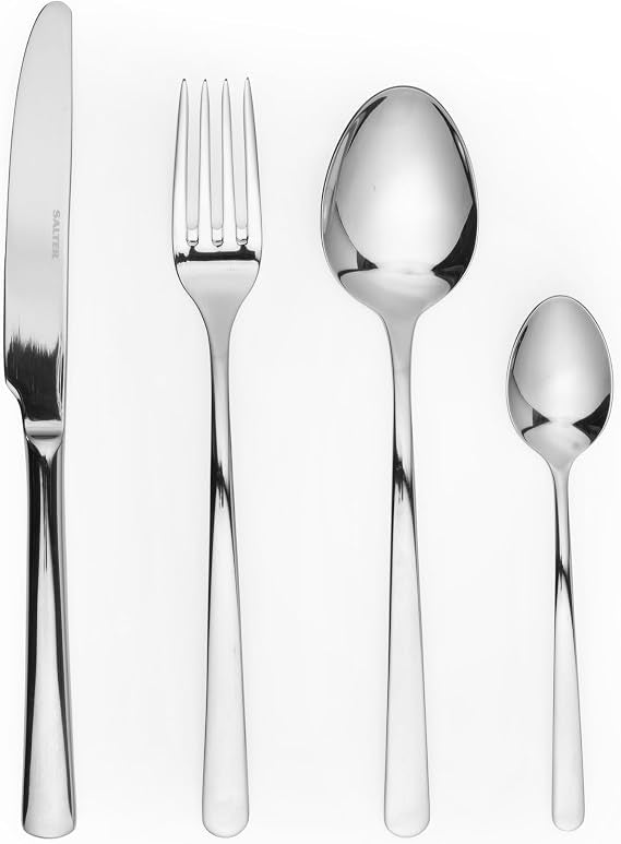 Salter Kendal 32 piece mirror polished silver cutlery set arranged neatly on a wooden dining table including forks knives tablespoons and teaspoons.
