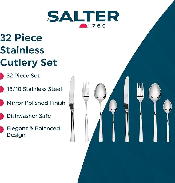 Salter Kendal 32 piece mirror polished silver cutlery set arranged neatly on a wooden dining table including forks knives tablespoons and teaspoons.