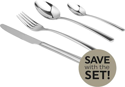 Salter Kendal 32 piece mirror polished silver cutlery set arranged neatly on a wooden dining table including forks knives tablespoons and teaspoons.