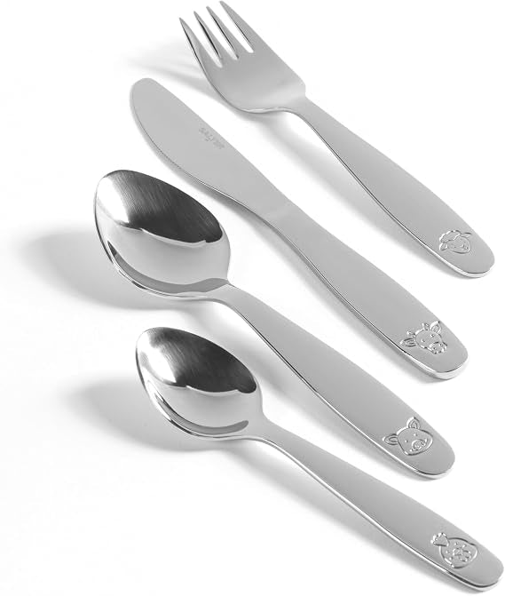 Salter 12-piece stainless steel kids cutlery set with farmyard animal engravings laid out on a clean light table setting.