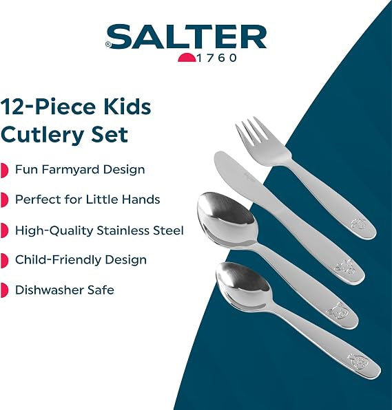 Salter 12-piece stainless steel kids cutlery set with farmyard animal engravings laid out on a clean light table setting.