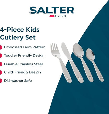 Salter 4-piece kids stainless steel cutlery set featuring embossed farmyard animal designs on silver handles, displayed on a clean wooden table.