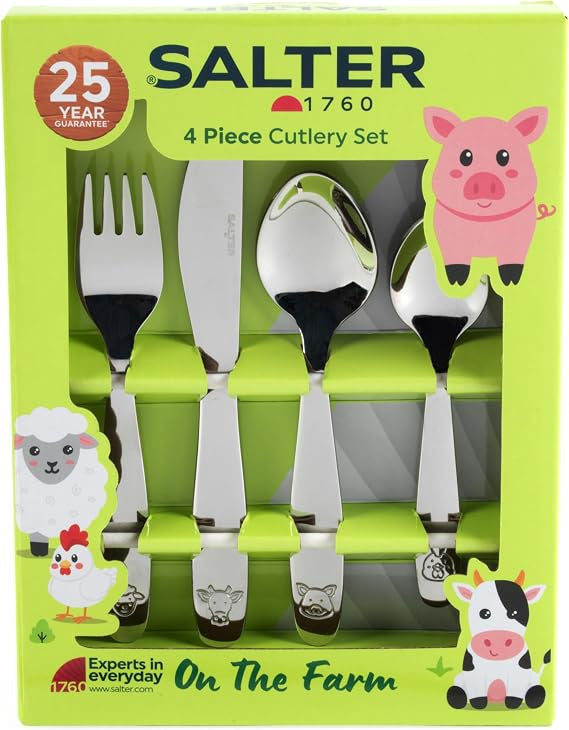 Salter 4-piece kids stainless steel cutlery set featuring embossed farmyard animal designs on silver handles, displayed on a clean wooden table.
