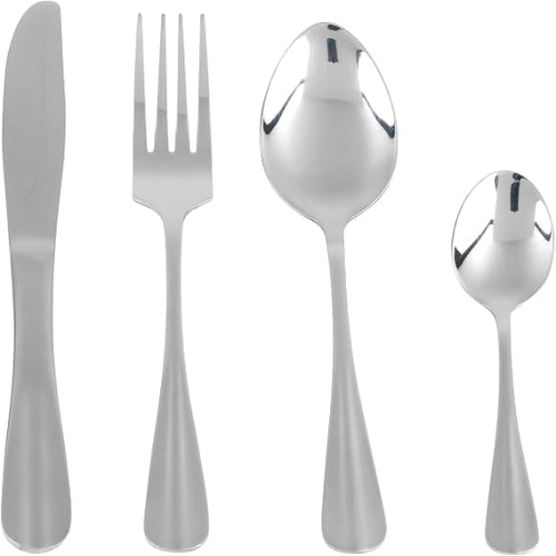 Silver Salter Newbury 16-piece mirror polished stainless steel cutlery set neatly arranged on a wooden dining table including knives, forks, tablespoons, and teaspoons.