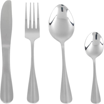 Silver Salter Newbury 16-piece mirror polished stainless steel cutlery set neatly arranged on a wooden dining table including knives, forks, tablespoons, and teaspoons.