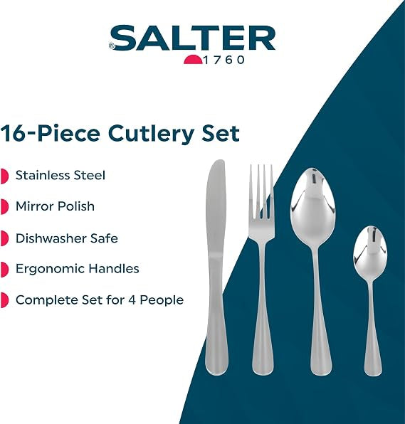 Silver Salter Newbury 16-piece mirror polished stainless steel cutlery set neatly arranged on a wooden dining table including knives, forks, tablespoons, and teaspoons.
