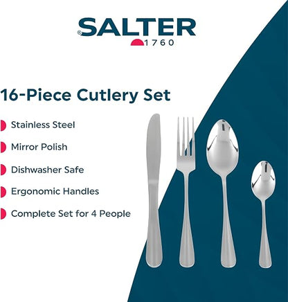 Silver Salter Newbury 16-piece mirror polished stainless steel cutlery set neatly arranged on a wooden dining table including knives, forks, tablespoons, and teaspoons.