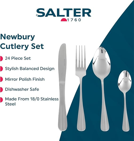 Top-down view of the 24-piece silver Salter Newbury stainless steel cutlery set with mirror finish arranged neatly on a dark wooden dining table.