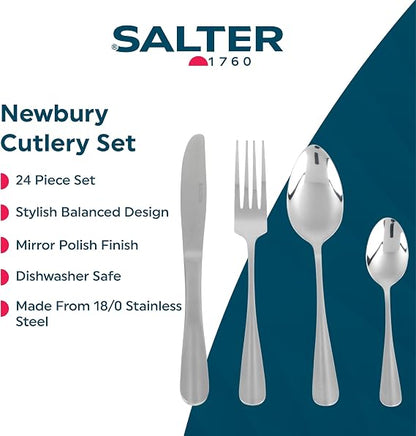 Top-down view of the 24-piece silver Salter Newbury stainless steel cutlery set with mirror finish arranged neatly on a dark wooden dining table.