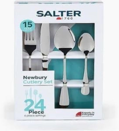 Top-down view of the 24-piece silver Salter Newbury stainless steel cutlery set with mirror finish arranged neatly on a dark wooden dining table.