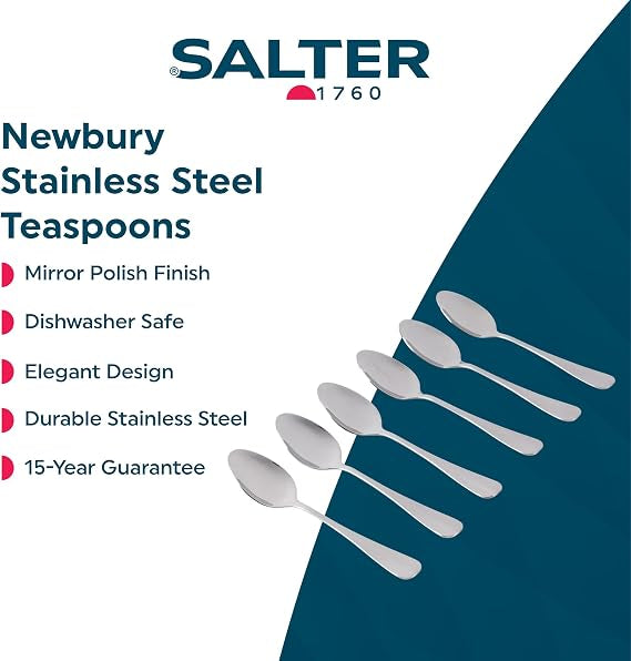 Six silver Salter Newbury polished stainless steel teaspoons neatly arranged side by side on a light wooden tabletop.