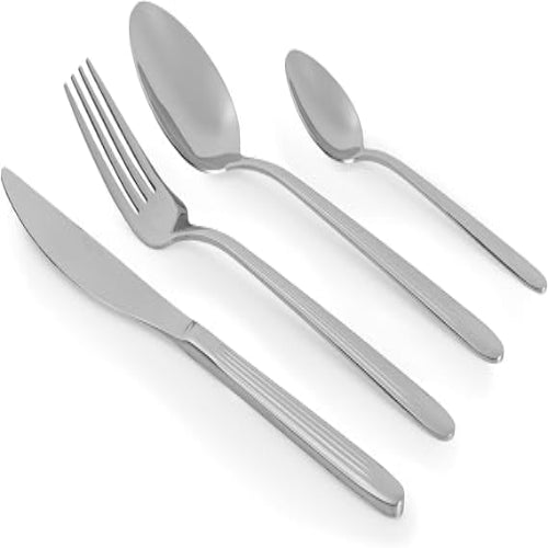 Salter Prestbury 16 piece silver stainless steel cutlery set arranged on a modern dining table showcasing a polished mirror finish.
