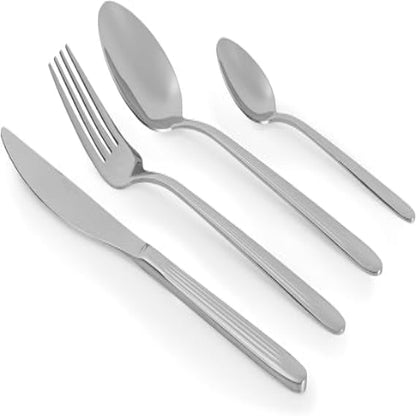Salter Prestbury 16 piece silver stainless steel cutlery set arranged on a modern dining table showcasing a polished mirror finish.