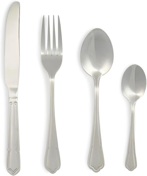 Salter Richmond 24 piece silver stainless steel cutlery set neatly arranged on a dark wooden dining table showcasing polished knives, forks, and spoons.