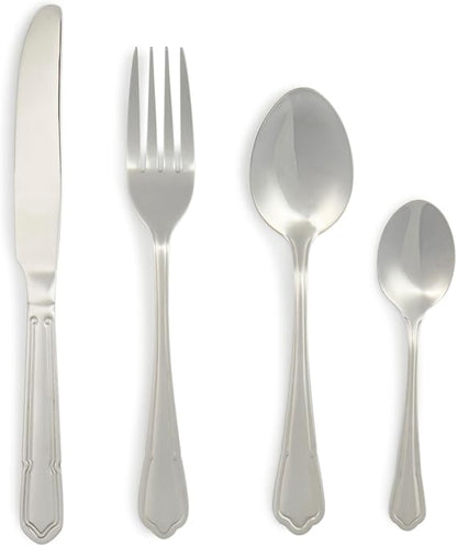 Salter Richmond 24 piece silver stainless steel cutlery set neatly arranged on a dark wooden dining table showcasing polished knives, forks, and spoons.
