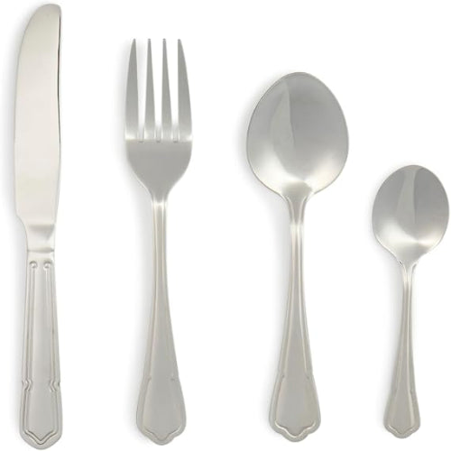 Salter Richmond 24 piece silver stainless steel cutlery set neatly arranged on a dark wooden dining table showcasing polished knives, forks, and spoons.