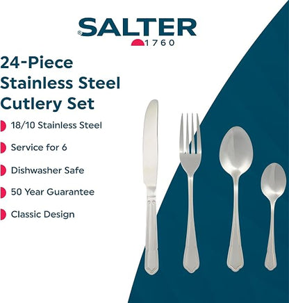 Salter Richmond 24 piece silver stainless steel cutlery set neatly arranged on a dark wooden dining table showcasing polished knives, forks, and spoons.