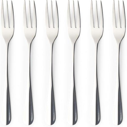 Silver Salter Soho 16-piece 430 stainless steel cutlery set arranged neatly for four place settings on a wooden dining table.