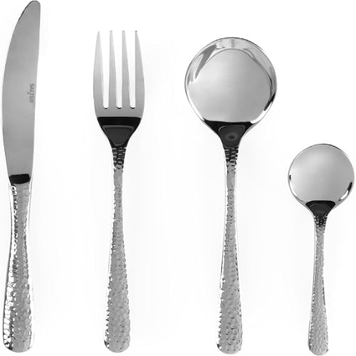 Top-down view of the 16-piece silver Salter Soho cutlery set arranged neatly on a grey linen tablecloth featuring polished knives, forks, tablespoons, and teaspoons.