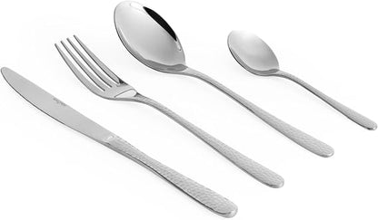 Top-down view of the 16-piece silver Salter Soho cutlery set arranged neatly on a grey linen tablecloth featuring polished knives, forks, tablespoons, and teaspoons.