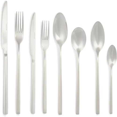 Silver Salter Winslow 44-piece polished stainless steel cutlery set arranged neatly on a dark wooden dining table setting.