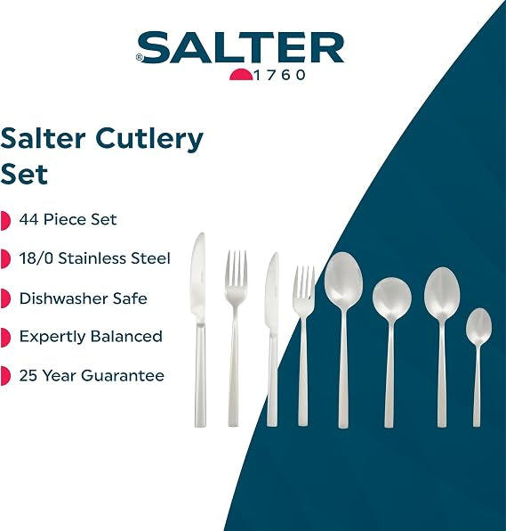 Silver Salter Winslow 44-piece polished stainless steel cutlery set arranged neatly on a dark wooden dining table setting.