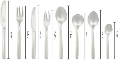 Silver Salter Winslow 44-piece polished stainless steel cutlery set arranged neatly on a dark wooden dining table setting.