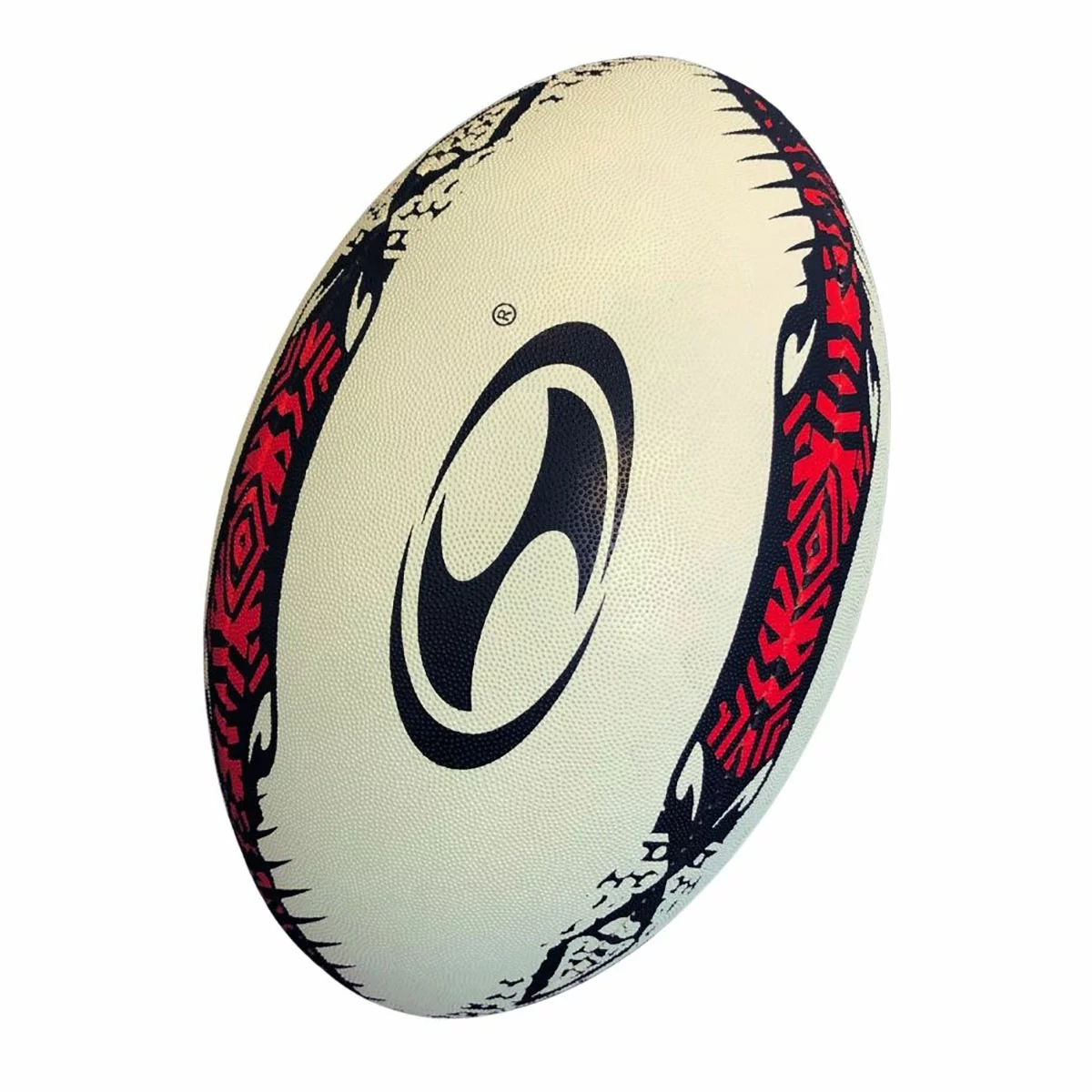 Large black mesh carry bag packed with 20 white and blue hand-stitched Samba Racer rugby training balls sitting on a muddy grass rugby pitch.