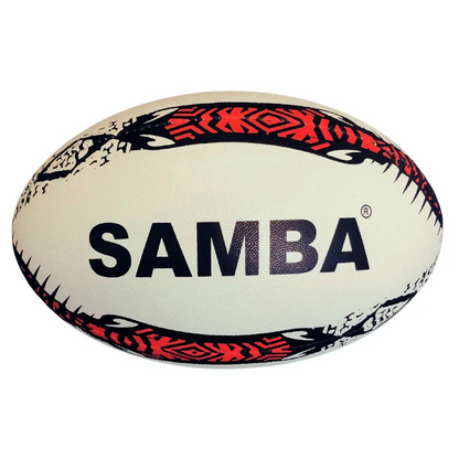 Large black mesh carry bag packed with 20 white and blue hand-stitched Samba Racer rugby training balls sitting on a muddy grass rugby pitch.
