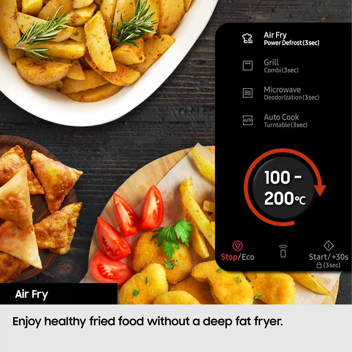 Black Samsung 32L smart microwave oven with glass door and digital control panel sitting on a contemporary kitchen countertop beside cooked food.