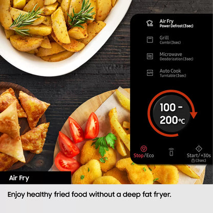 Black Samsung 32L smart microwave oven with glass door and digital control panel sitting on a contemporary kitchen countertop beside cooked food.