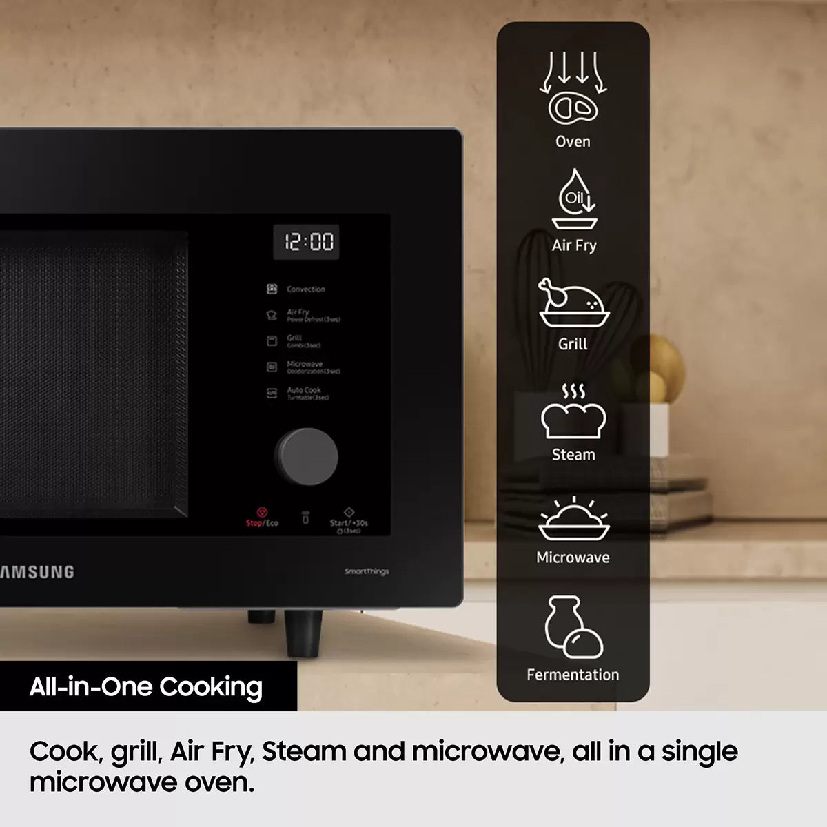 Black Samsung 32L smart microwave oven with glass door and digital control panel sitting on a contemporary kitchen countertop beside cooked food.