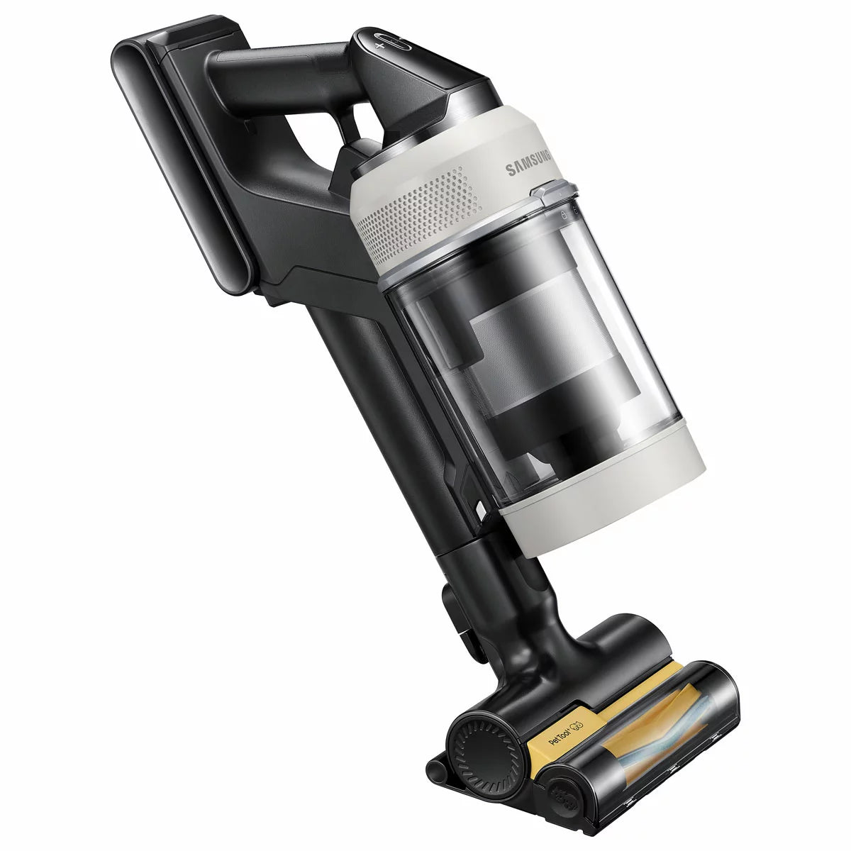 Sleek Samsung Bespoke Jet AI Lite Pro vacuum securely docked in its tall, black auto-emptying Clean Station on a modern hardwood floor.
