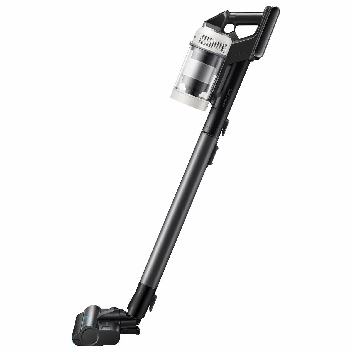 Sleek Samsung Bespoke Jet AI Lite Pro vacuum securely docked in its tall, black auto-emptying Clean Station on a modern hardwood floor.