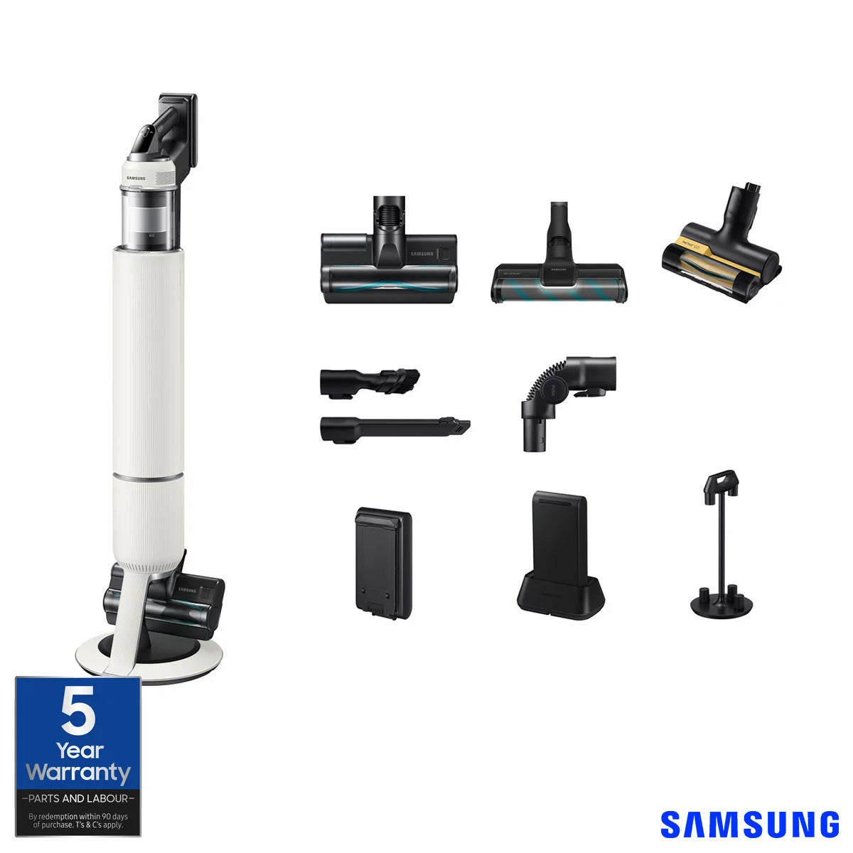 Sleek Samsung Bespoke Jet AI Lite Pro vacuum securely docked in its tall, black auto-emptying Clean Station on a modern hardwood floor.