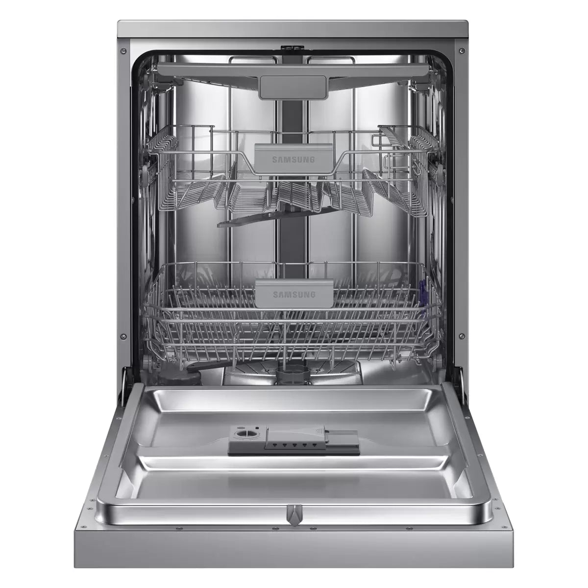 Samsung DW60M6050FS/EU silver dishwasher with 14 place setting capacity and energy-efficient dish cleaning performance .