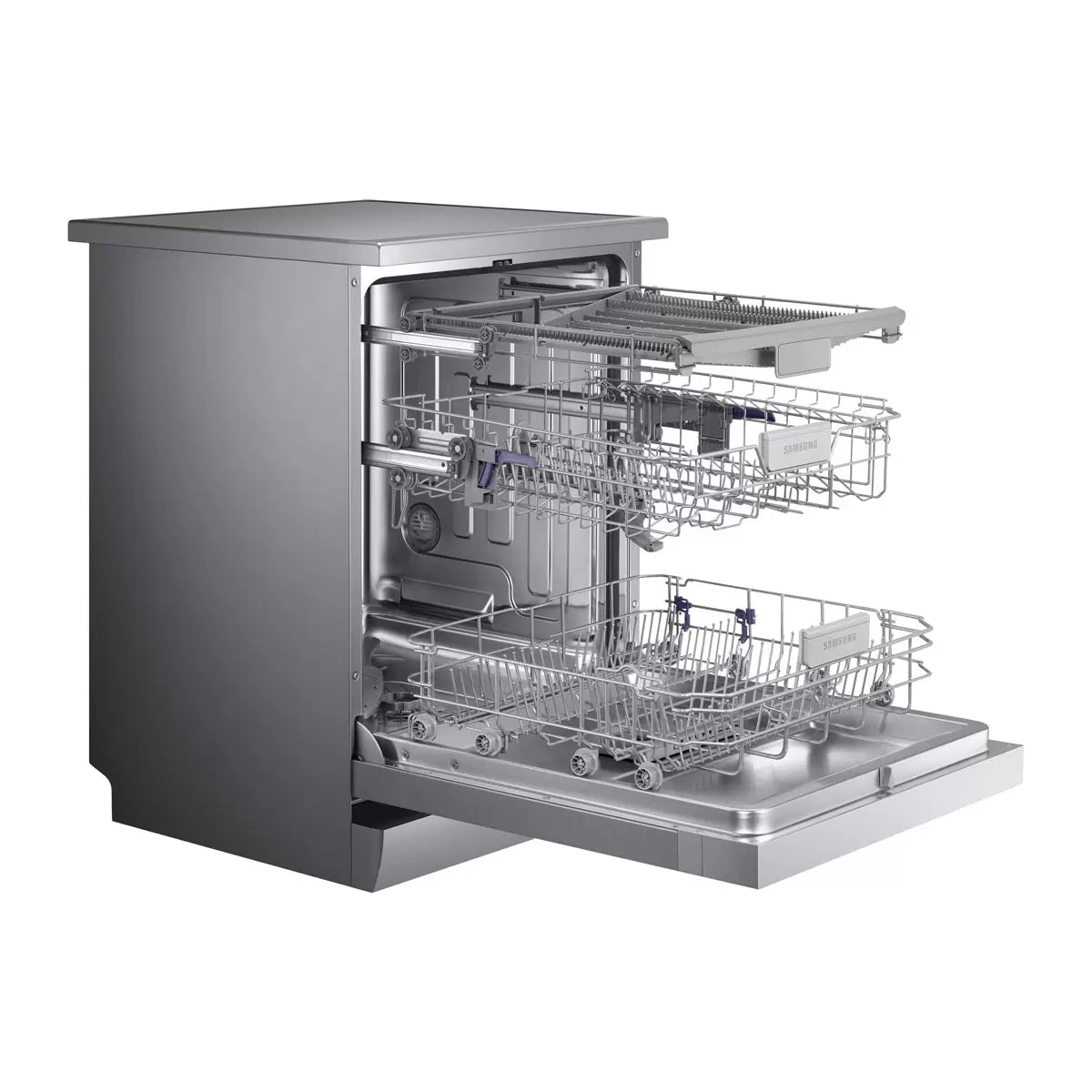 Samsung DW60M6050FS/EU silver dishwasher with 14 place setting capacity and energy-efficient dish cleaning performance .