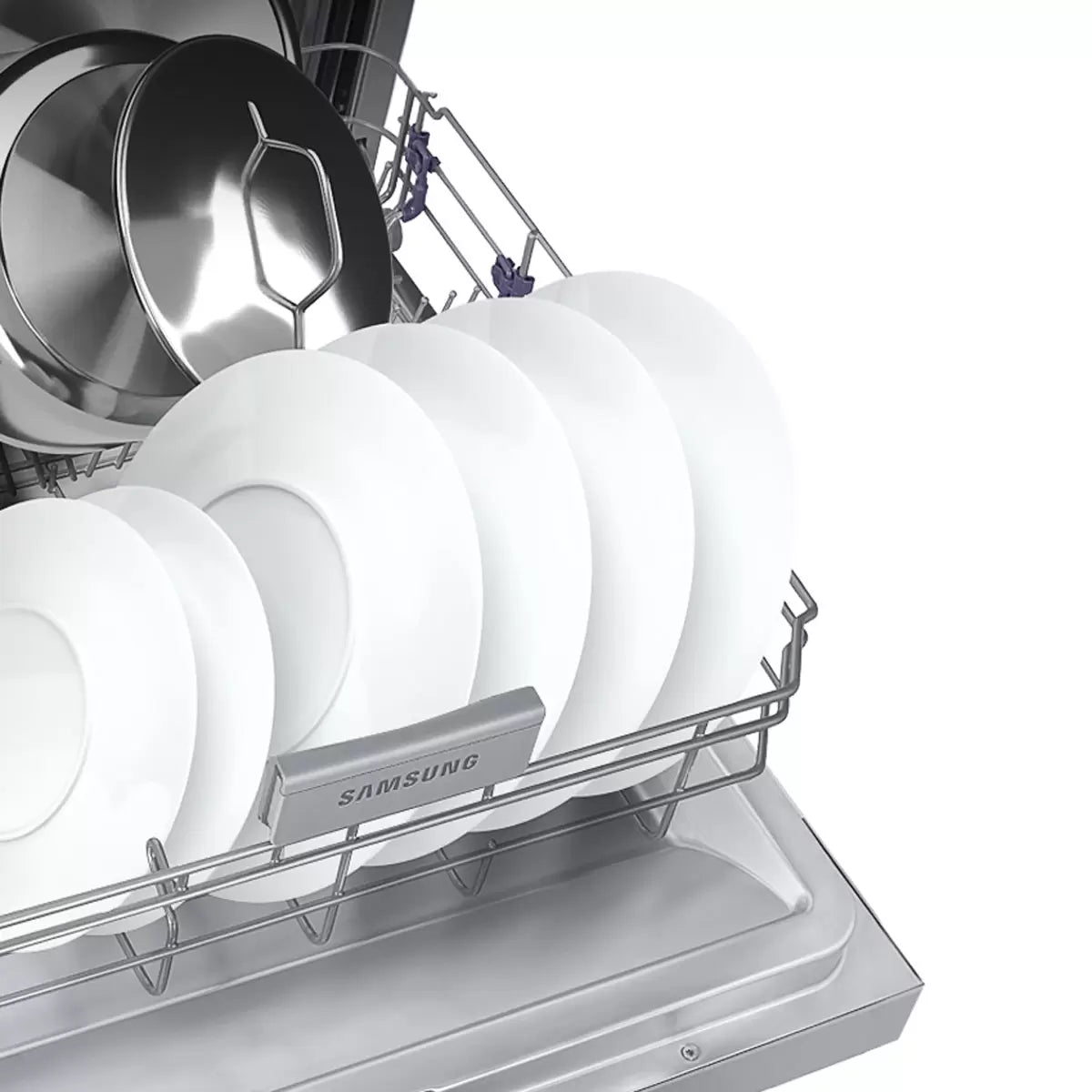 Samsung DW60M6050FS/EU silver dishwasher with 14 place setting capacity and energy-efficient dish cleaning performance .