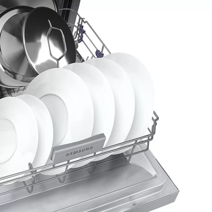 Samsung DW60M6050FS/EU silver dishwasher with 14 place setting capacity and energy-efficient dish cleaning performance .