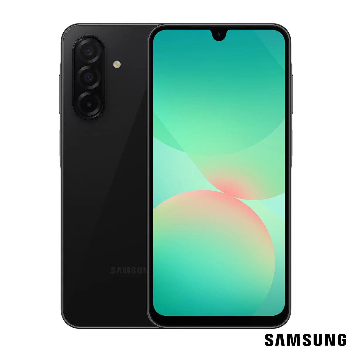 Rear and side view of the slim black Samsung Galaxy A26, showcasing the glossy glass back, triple camera setup, and the ultra-thin 7mm profile.