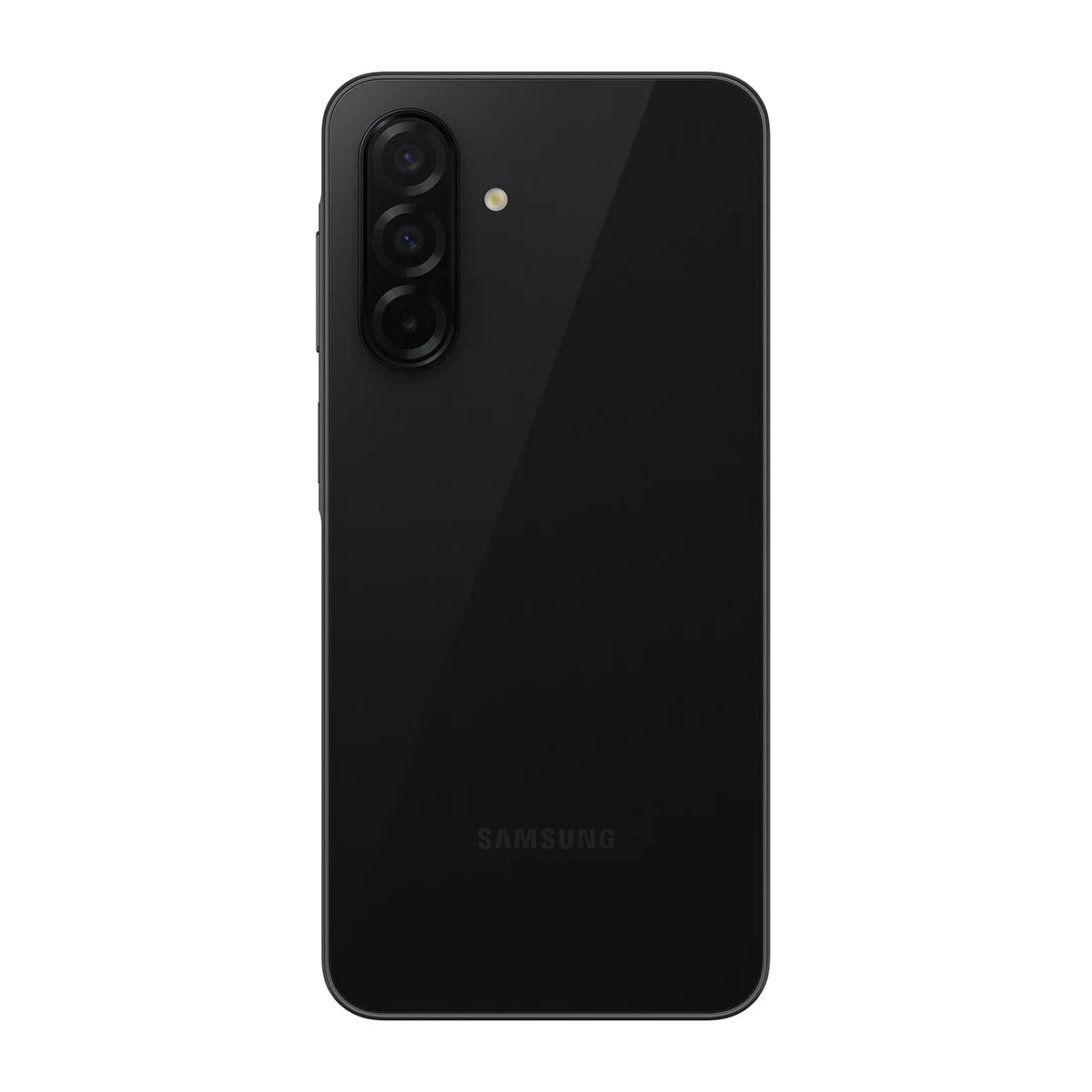 Rear and side view of the slim black Samsung Galaxy A26, showcasing the glossy glass back, triple camera setup, and the ultra-thin 7mm profile.