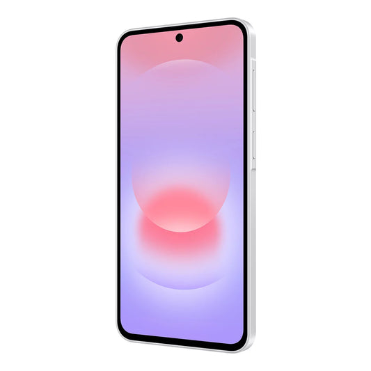 Front and back view of the slim Samsung Galaxy A37 5G in Awesome White, showing the triple camera setup in its translucent housing and the bright, bezel-less 6.7-inch AMOLED screen.