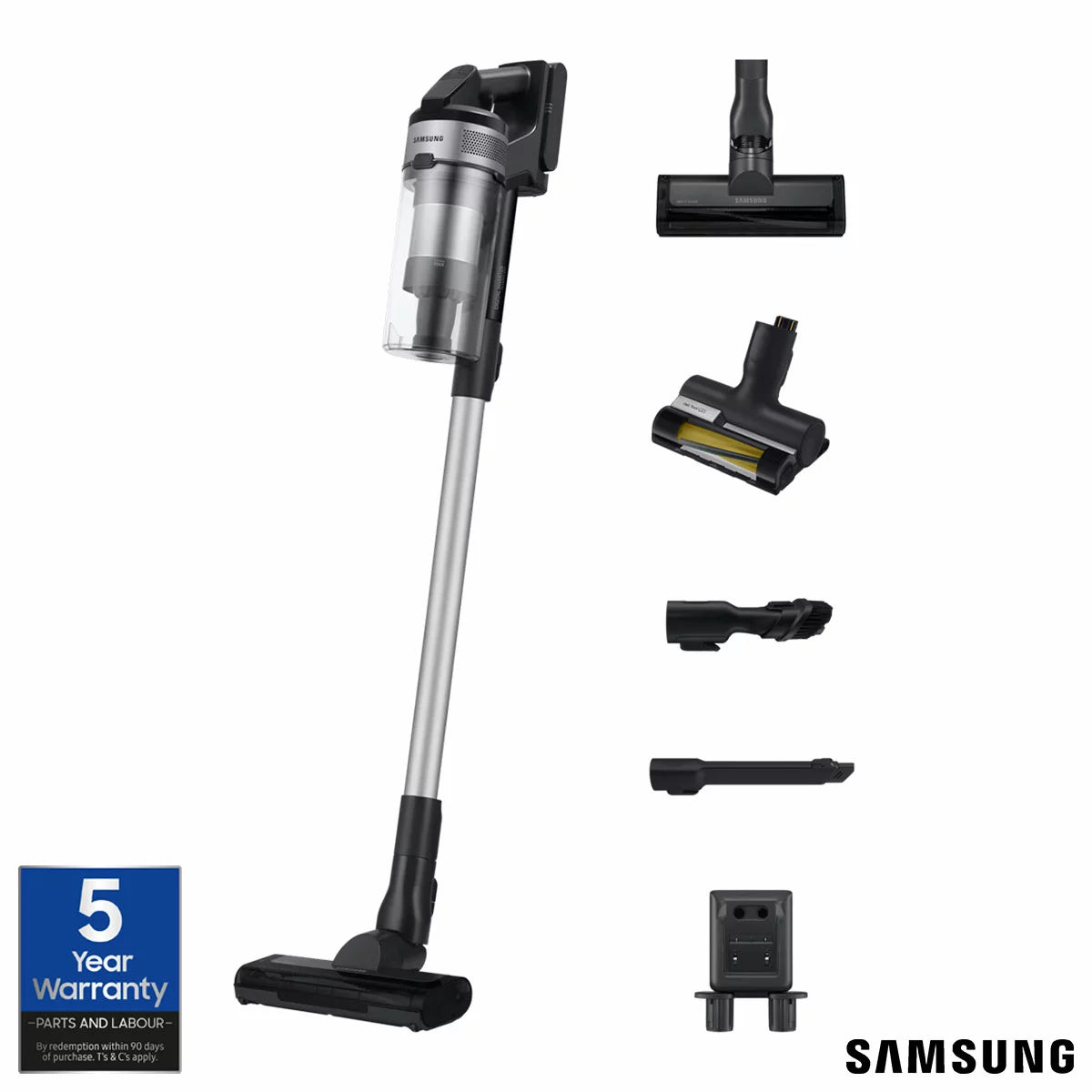 Profile view of the slim teal and silver Samsung Jet 65 Pet Max cordless stick vacuum standing upright against a modern hardwood floor setting.