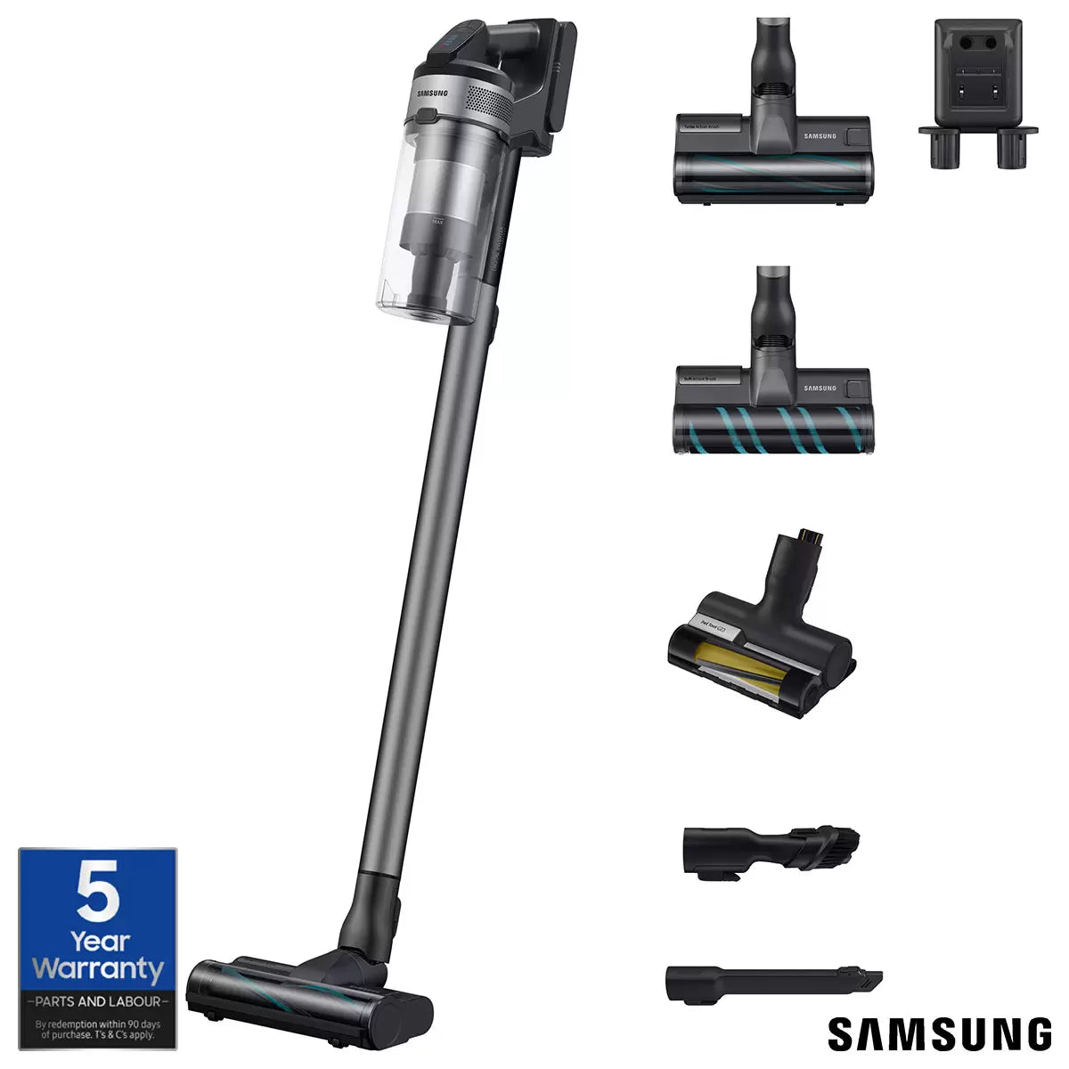 Front view of the silver and silver-grey Samsung Jet 75E Complete cordless stick vacuum cleaner standing upright on its 2-in-1 wall dock against a modern white wall.